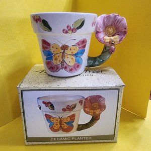 Vintage 80's Butterfly & Floral mug ceramic planter  NWT in Box  🦋🦋🦋  🌺🌺🌺
